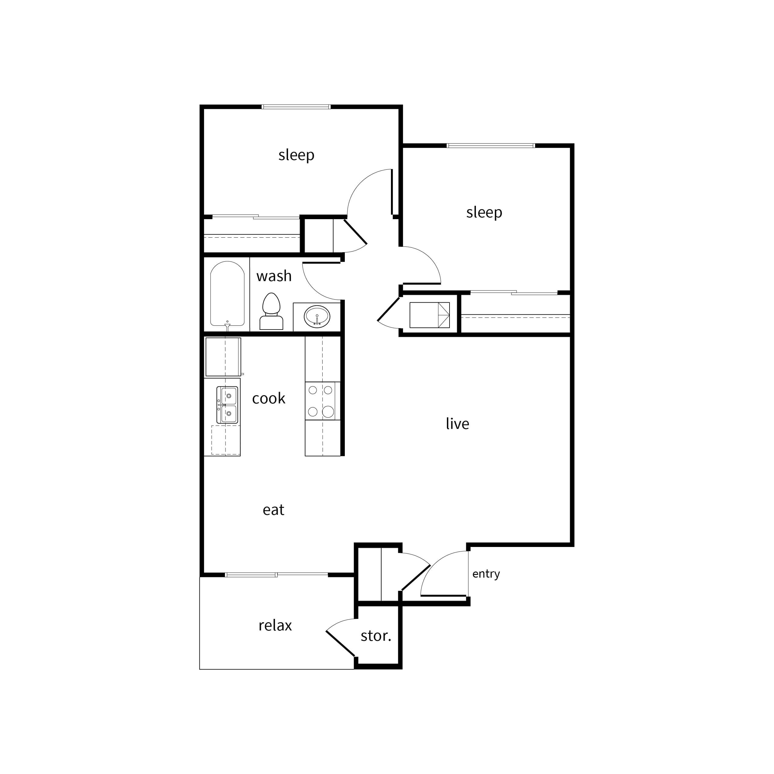 Floor plan for 2 beds, 1 bath, 755 sqft
